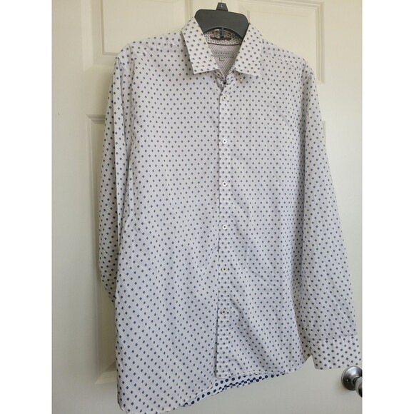 Ted Baker Men Cream Blue Diamond Pattern Dress Shirt Size 5 100% Cotton Portugal - Picture 1 of 11
